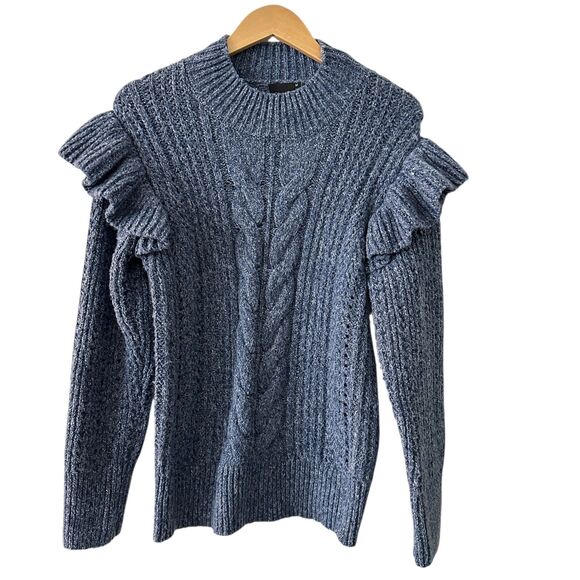 Cliche Blue Polyester Cableknit Mock Neck Sweater with Ruffle Sleeves Size M - Picture 1 of 6
